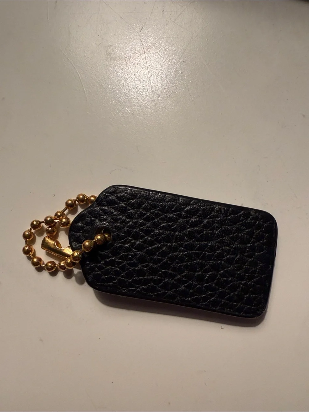 Coach Black Leather Key Tag with Gold-Tone Ball Chain